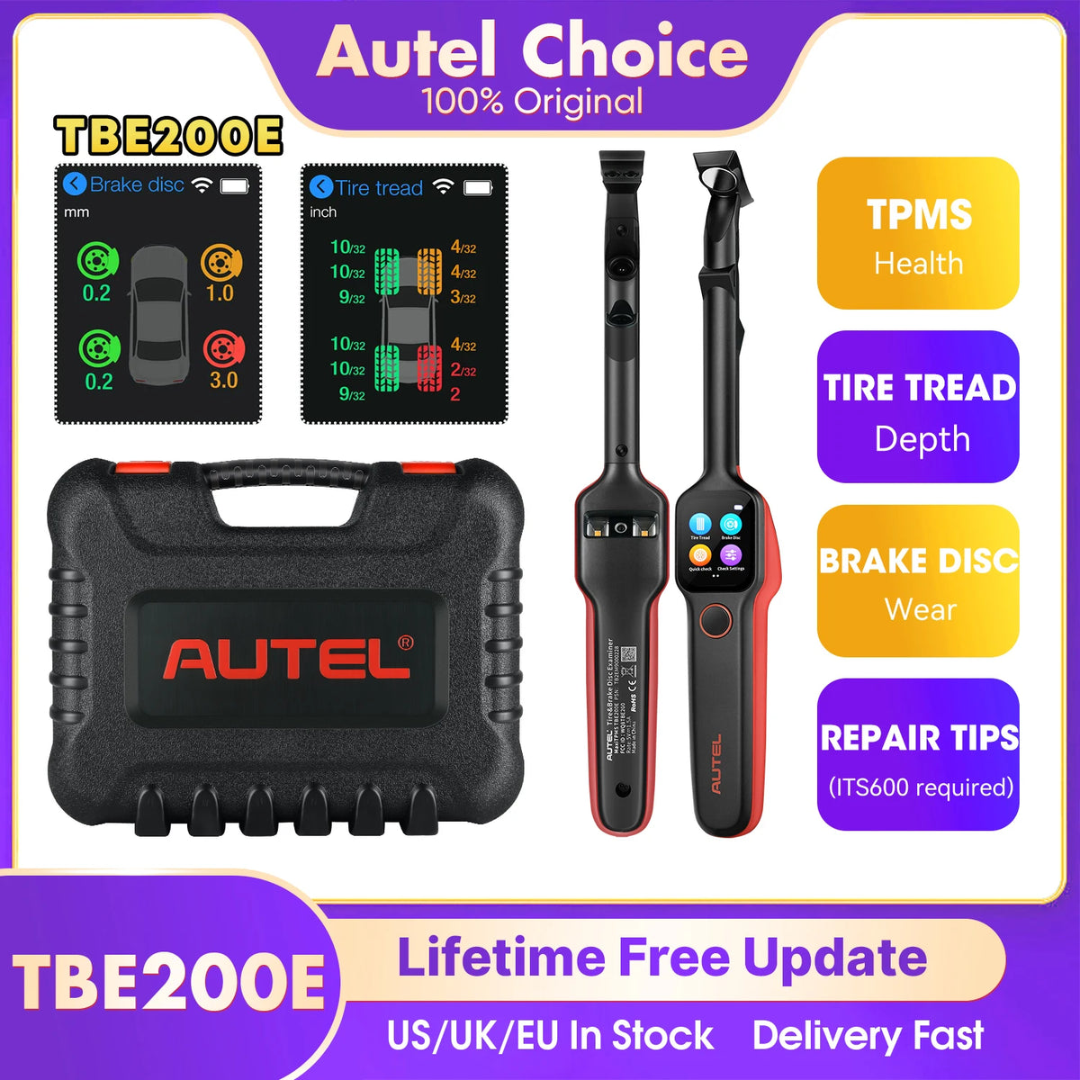 Autel MaxiTPMS TBE200E Tire Diagnostic Scanner Car Tool Laser Tire Tread Depth & Brake Disc Wear 2in1 Tester Perform with ITS600