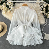 TARUXY Chiffon Dress For Women 2025 Bandage Ruffle Splice Mesh Long Sleeve Cover-up Woman Beach Sexy Bow Oversized Dresses Femme
