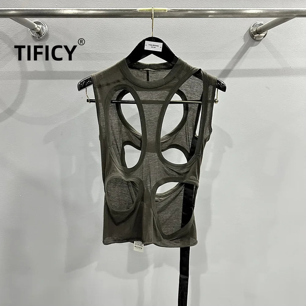 TIFICY High Street Cotton Hollow Out Tank Women's Style Personality Fashion Big Hole Design Outer Vest Top Tee Tanks Tshirt Tops