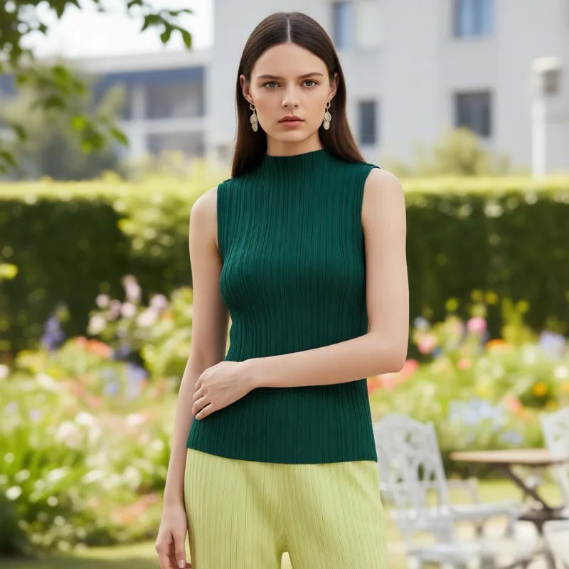 Miyake Pleated Sleeveless Undershirt 2026 New Simple Versatile Slim Simple Solid Color T-shirt Women Thin Stretchy Tops Clothes