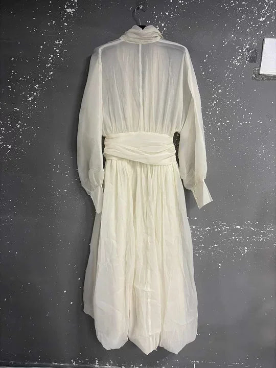 IEQJ Fashion Beige Dress Women's Deep V-neck Loose Lantern Sleeves High Wiast A-line Dresses Autumn New 3A433