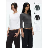 Tank White, Gray-Blue, Small V-Neck, Regular Shoulder, 3/4-Length Sleeve Top, Black Tight, Waist-Cinching T-Shirt as a Base Laye