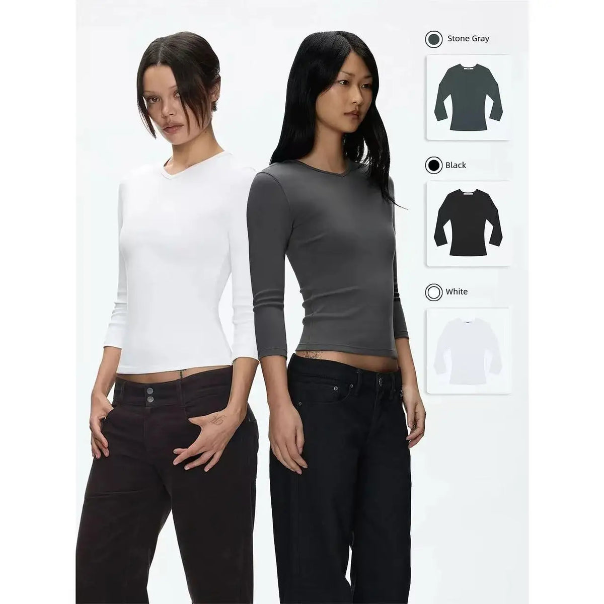 Tank White, Gray-Blue, Small V-Neck, Regular Shoulder, 3/4-Length Sleeve Top, Black Tight, Waist-Cinching T-Shirt as a Base Laye