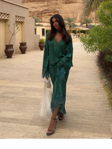 Women Solid Color Long Kaftan Dress Chic Vertical Stripe Print V Neck Fringe Cuff Hem Loose Robe Casual Daily Party Holiday Wear