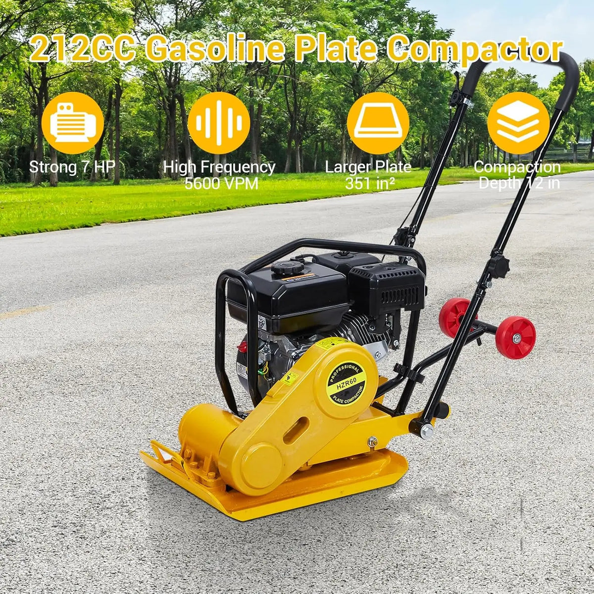 Plate Compactor 7HP 212cc Gas Engine 5,600 VPM 4200 lbs Force Vibratory Compaction Tamper for Walkways Patios Paver Landscaping