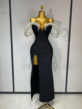 Women Luxury Designer Pearls V Neck Maxi Long Bandage Bodycon Dress Celebrity Evening Party Birthday Gowns Singer Stage Costumes