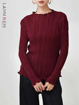 LANMREM Pleated T-shirt For Women Ruffles Collar Long Sleeves Solid Color Slim Style Female Top 2025 Spring New 2DB1078