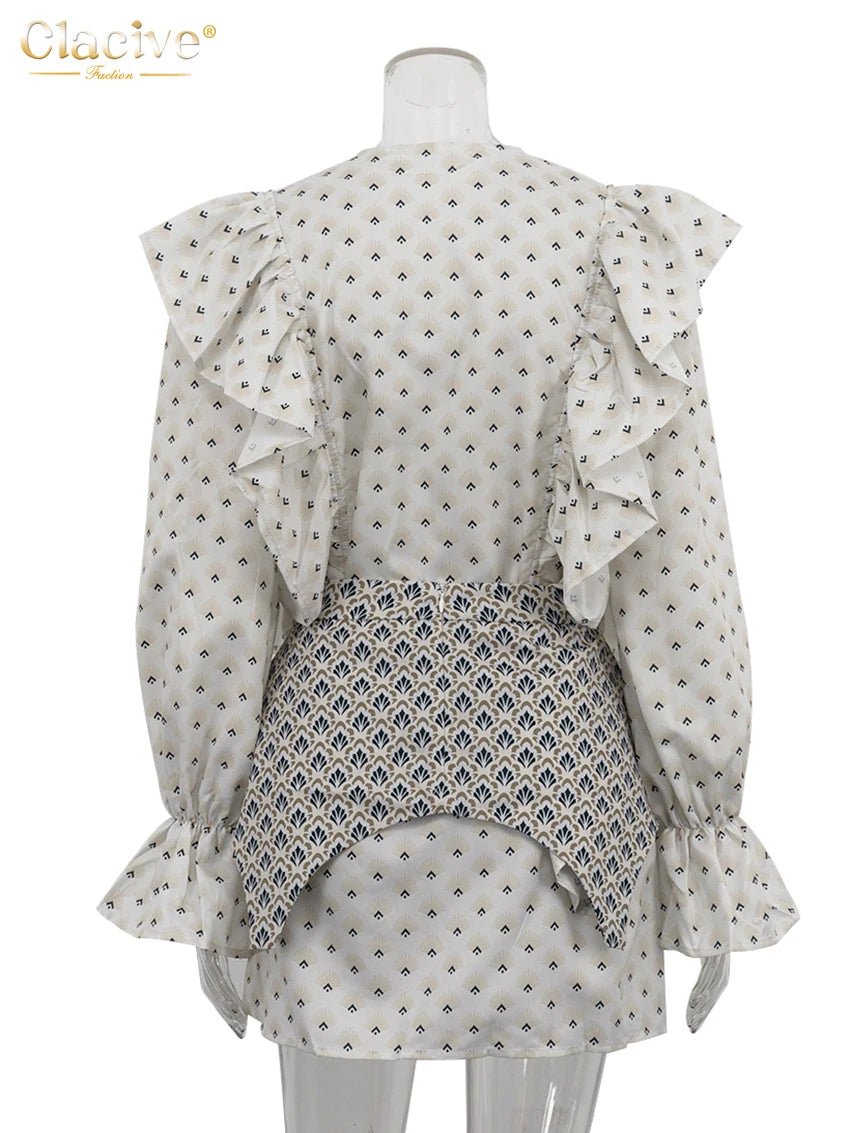 Clacive Fashion Loose Print Women's Dress 2025 Casual O-Neck Long Sleeve Mini Dresses Elegant Classic Ruffle Girdle Female Dress