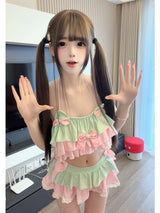 New Coquette Sweet Kawaii Lolita 2 Piece Swim Set Women Slim Fit Bow Ruffle Polka Dot Lace Trim Strap Cute Beach Vacation Outfit