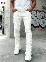 HME Men's White Denim Pants, Stacked Ripped Slim Flared Jeans with Layered Frayed Details