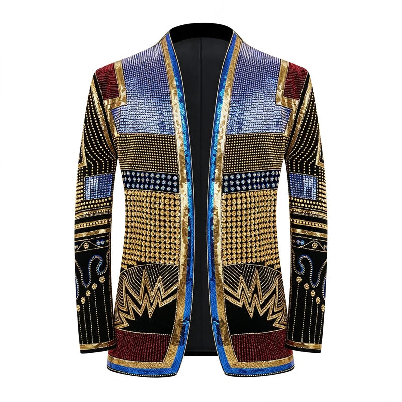 Men African Inspired Multicolor Sequin Blazer Shawl Lapel Gold Geometric Pattern Slim Fit Jacket Wedding Groom Tuxedo For Party Prom