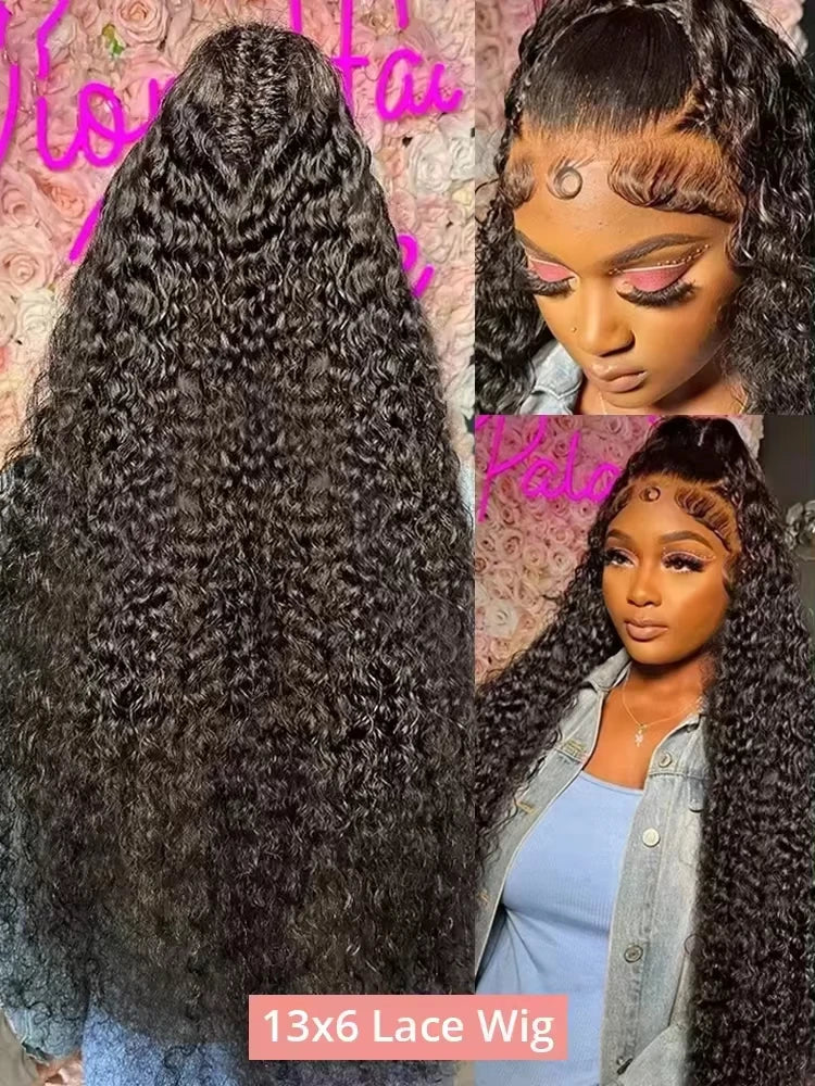 34 Inch Human Hair Water Wave Wig Natural Color 13x6 Frontal Curly Lace