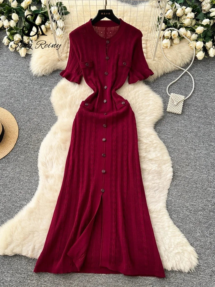 SINGREINY Summer Striped Knitted Long Dress Fashion Office Lady Split Beach Sundress High Quality Luxury Wedding Guest Dress