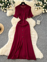 SINGREINY Summer Striped Knitted Long Dress Fashion Office Lady Split Beach Sundress High Quality Luxury Wedding Guest Dress