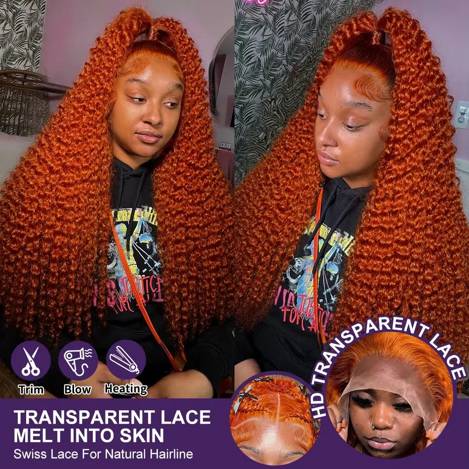 34inch Orange Ginger Water Wave Lace Front Wigs 13x4 13x6 #350 Colored Wigs Brazilian Human Hair Deep Curly Wigs 260Density