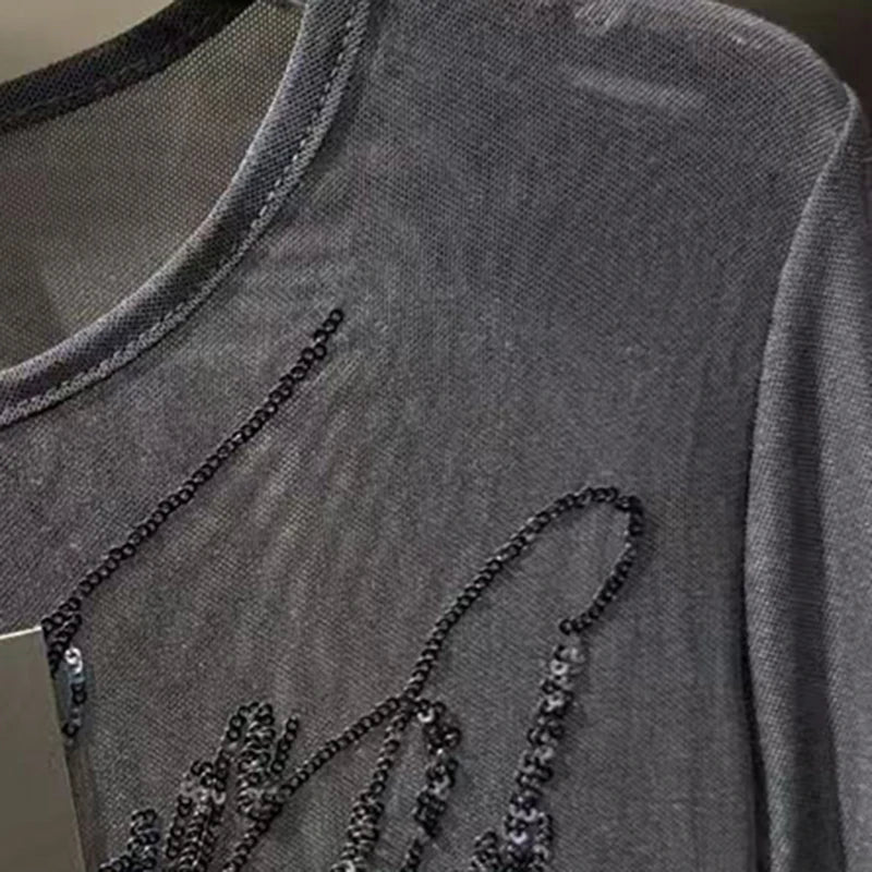 KUCLUT Fashion New Items Sequin Long Sleeve T-shirt For Women Slim Fit Casual Style Perspective Tops Female Trendy 1A2475