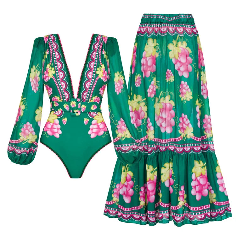 Flaxmaker Women Sexy Deep V Neck Long-sleeved Jungle Green Print One Piece Swimsuit And Skirt Summer Bathing Suit Monokini