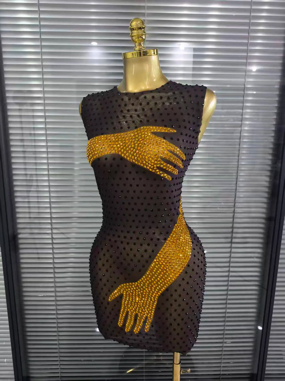 Khaki Black Women Sleeveless Sexy O-Neck Mesh See Through Bodycon Mini Dress Shining Rhinestones Celebrate Nightclub Party Wear