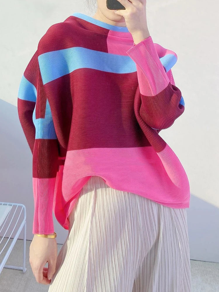 Miyake Pleated Geometric Printed Crop Tops Women Spring Summer New Designer Turtleneck Causal Aesthetic Clothes