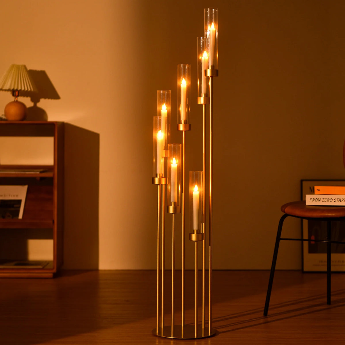 4 Sets 7-Arm Gold Floor Candelabra 48 in Tall Wedding Centerpieces Metal Candle Holder with Removable Acrylic Lampshade