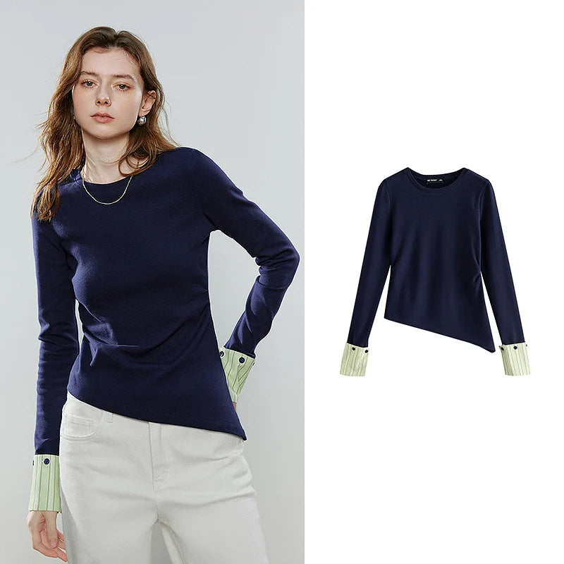 TOYOUTH Women T-Shirts 2026 Spring New Cotton Splicing Diagonal Cut Asymmetric Casual Tops