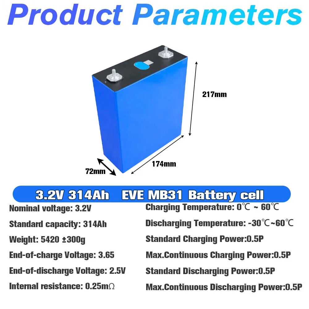 4Pcs 3.2V EVE 314Ah MB31 HSEV LiFePO4 Battery Cells Rechargeable Cell For DIY 12V 24V 48V Lithium Battery Pack for RV Camping