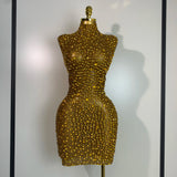 Women Luxury Gold Rhinestone Sexy Mesh Short Dress Sparkly Stage Costume Elegant Party Birthday Dresses Nightclub Singer Outf