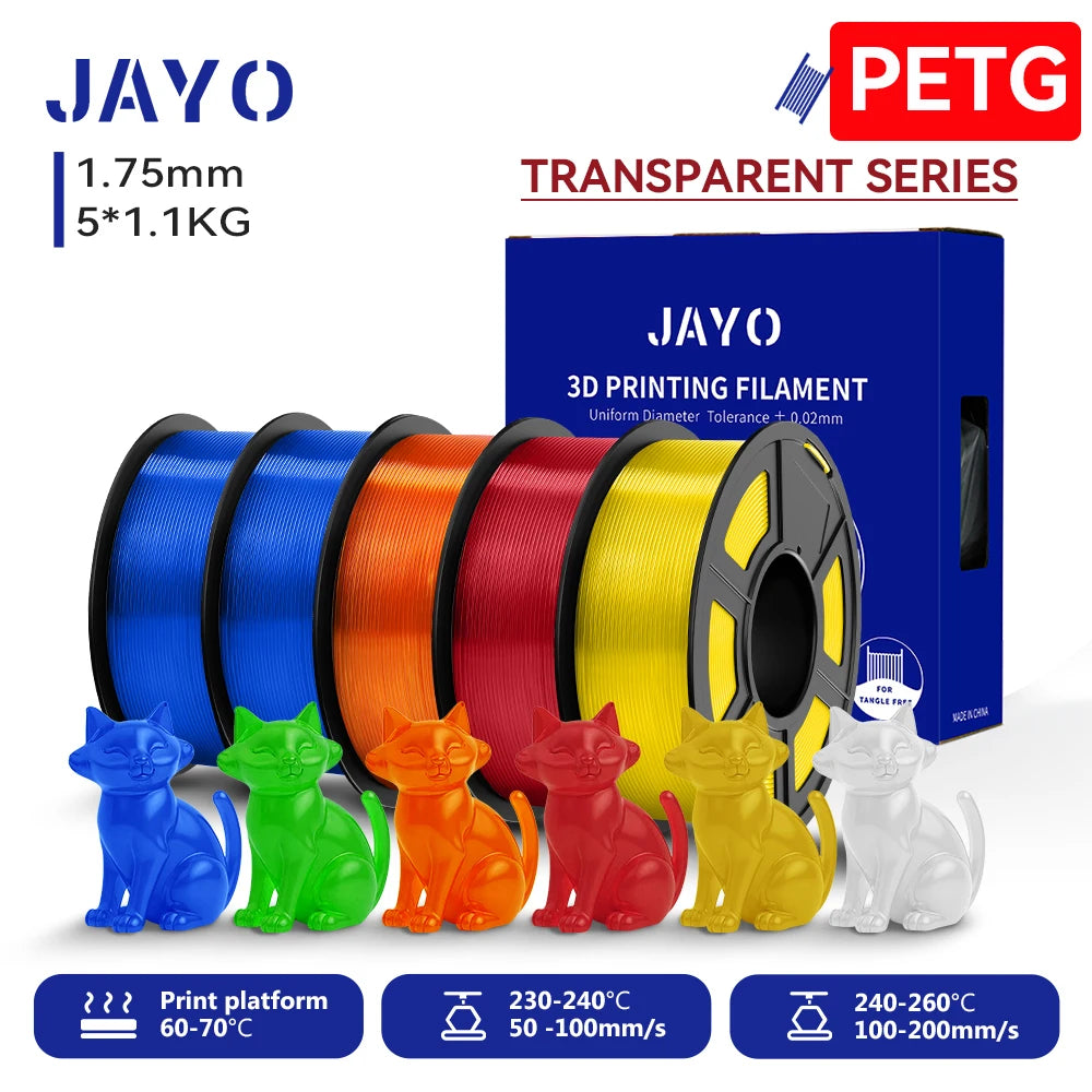 JAYO 3D PETG/PLA/PLA PLUS Filament 1.75mm PLA Filament 5 Rolls For Bambu FDM 3D Printer Neatly Wound 3D Printing Material for 3d