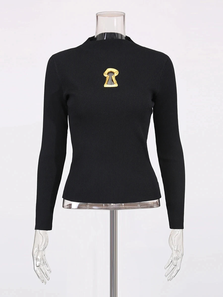 TWOTWINSTYLE Solid Spliced Metal Buckle Slimming T Shirts For Women Turtleneck Sleeveless Minimalist T Shirt Female Fashion New
