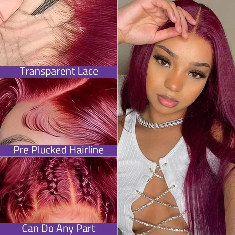 99j Burgundy Lace Frontal Human Hair Wig 250 Density Pre Plucked Red
