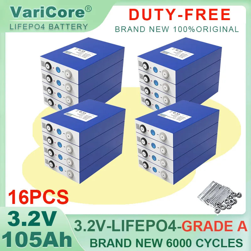 16pcs 3.2v 102Ah 105Ah 100ah Lifepo4 Grade A Battery Lithium Iron Phosphate for 12v Campers Golf Cart Off-Road Solar Wind Yacht