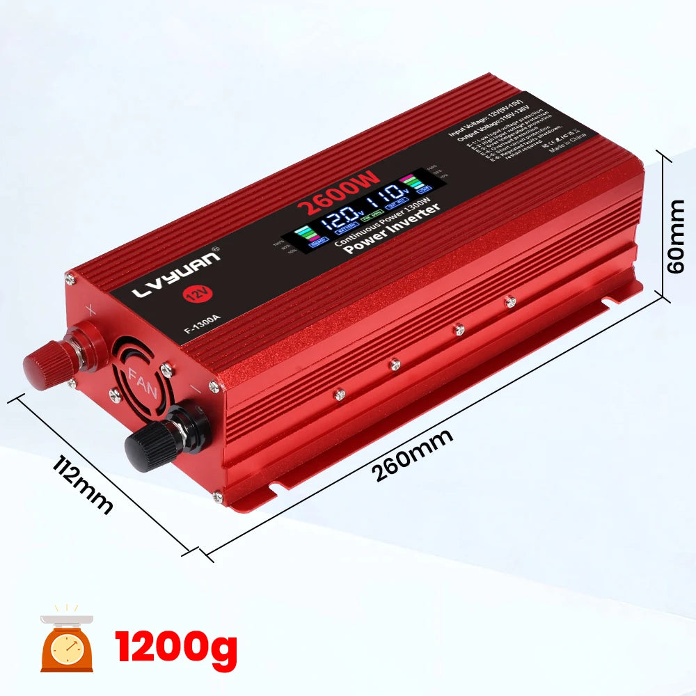2600W 2000W 1500W Car Inverter 12V 110V Power Inversor Smart LCD Display Power Supply for Outdoor Camera/Phone/Drone Charging
