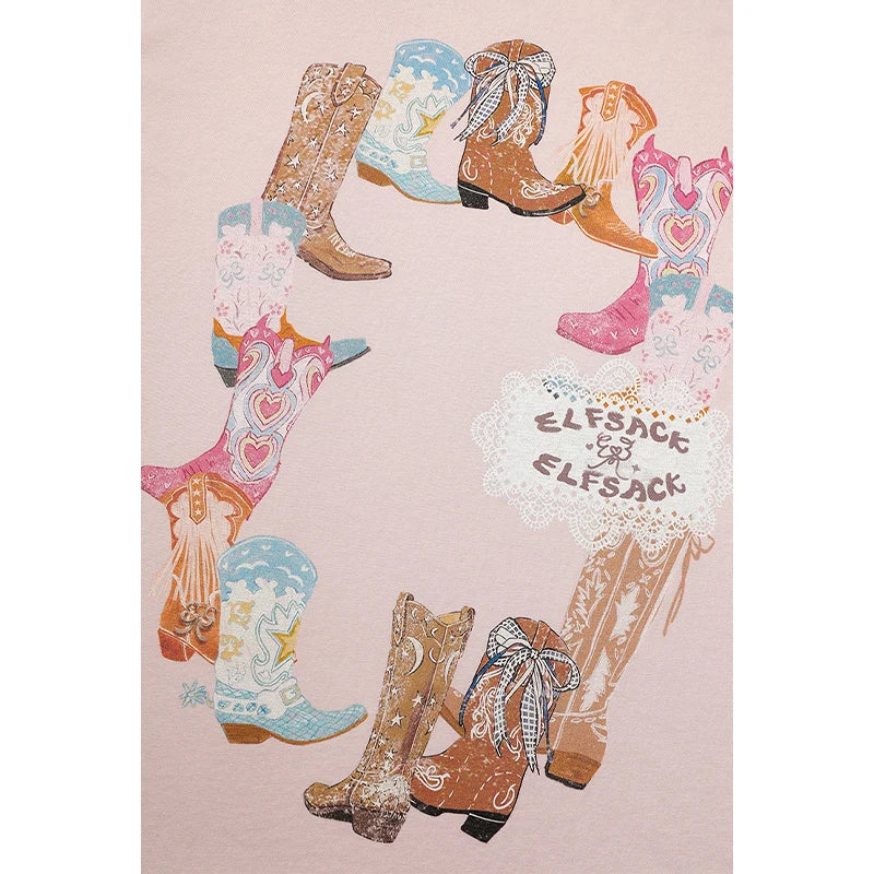 ELFSACK Women's Western Cowboy Boot Graphic T-Shirt with Contrast Crew Neck, Retro Short Sleeve Loose Fit Tee for Summer