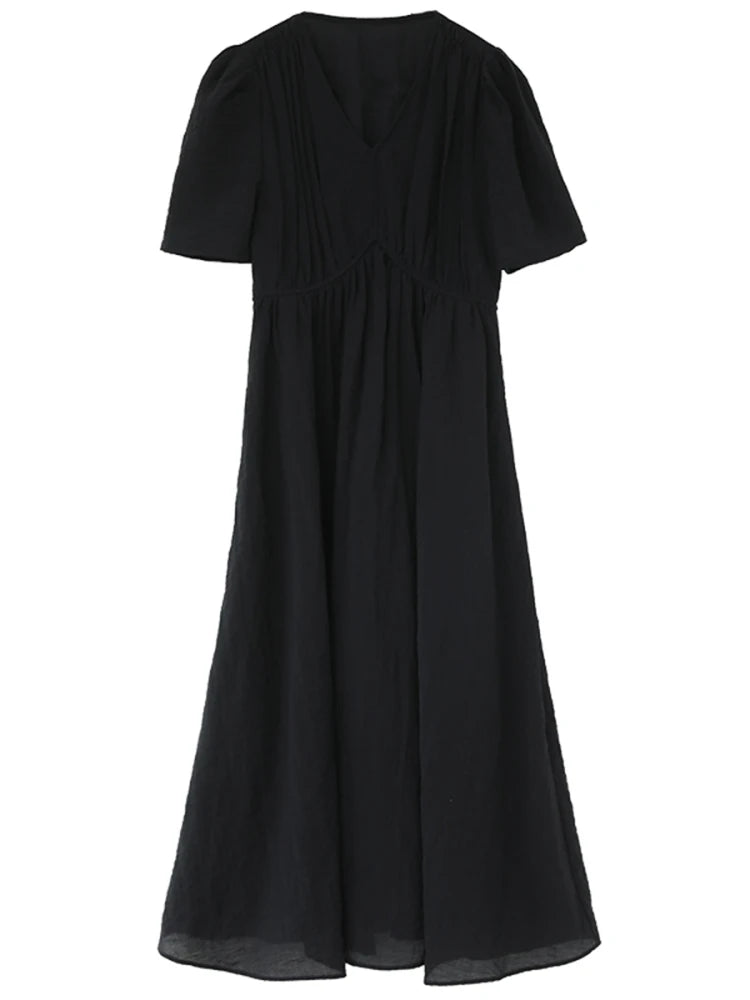 CHIC VEN Korean Women Dresses Solid Loose Casual New V-neck A Line Short Bubble Sleeves Female Long Dress Spring Summer 2025