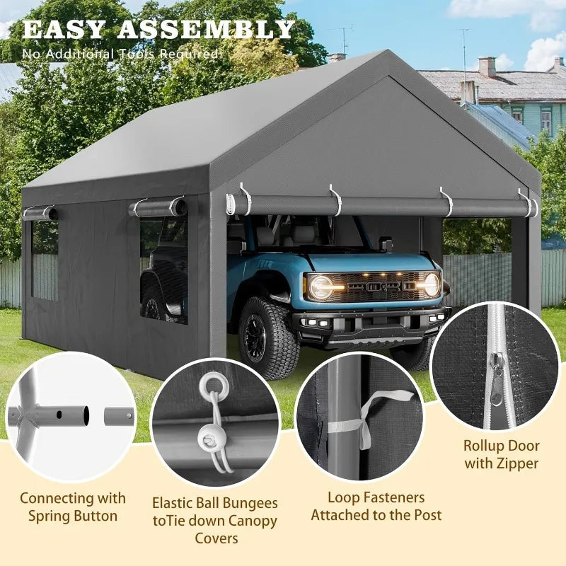 12x20 FT Carport, Heavy Duty Carport Canopy with Roll-up Windows, Portable Garage with Removable Sidewalls & Doors, Boat,Gray