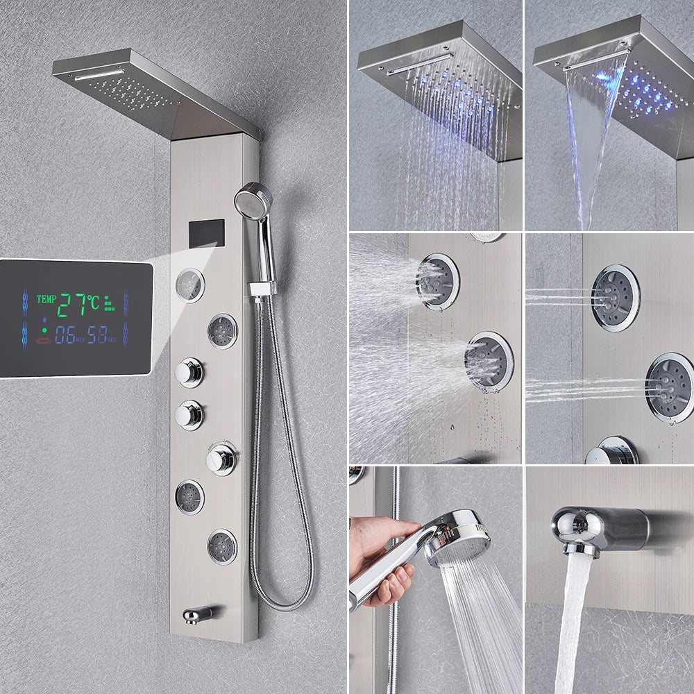 Golden Black Shower Panel Wall Rain Waterfall Shower Faucet Bathroom Shower Set APS Body Spray Jets Plastic Handshower Head