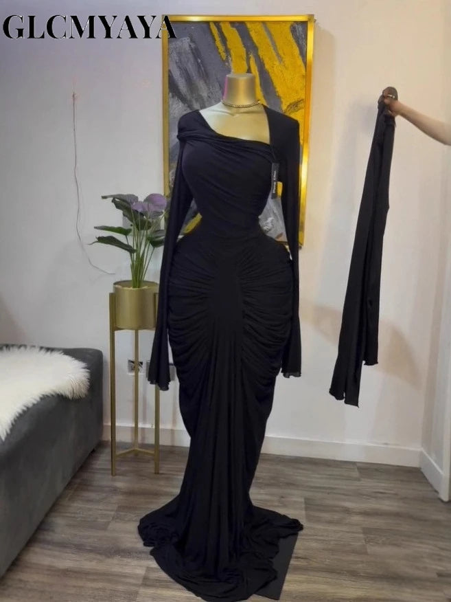 CM.YAYA Women Skew Neck Flare Long Sleeve Ruched Stacked Maxi Long Dress Fall Birthday Evening Sexy Party Dresses with Scarf