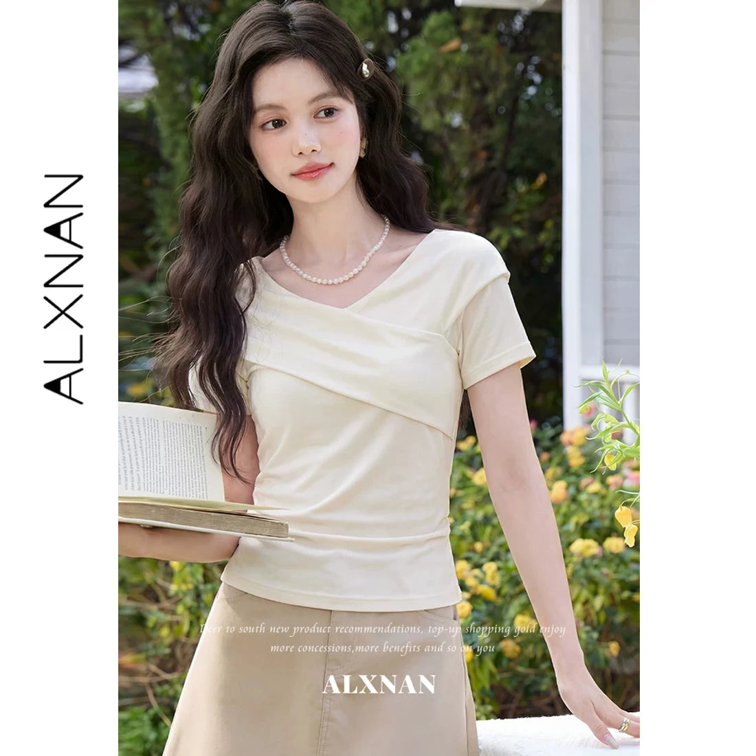 ALXNAN Black T-shirts 2026 Summer Cross V-neck Knit Short Sleeve T-shirt Women Elegant Casual Fashion Female Clothing L62865A