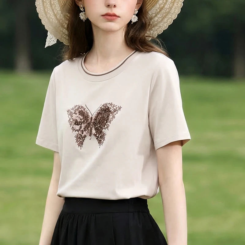 I BELIEVE YOU Elegant Short Sleeves Round Neck T-Shirt For Women 2026 Summer New Bead Butterfly Casual Top For Women 2261016301