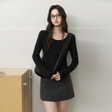 MISHOW Women's Solid Long‑Sleeve T‑Shirt 2026 Autumn U‑Neck Soft Knit Tees Waist‑Ruched Basic Versatile Casual Tops MXF41T3155