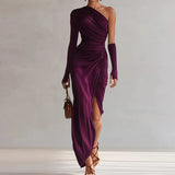 Spring Summer Skew Collar Solid Maxi Dress, Women Holiday Fashion One Shoulder Party Dress, 2026 Elegant Patchwork Ladies Dress