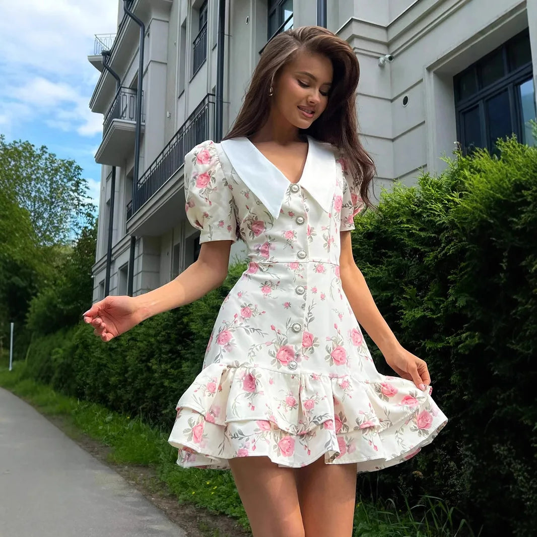 Original Light Luxury V-neck Bubble Sleeve Chiffon Dress Spring and Summer Women's Sweet Slim Commuting Vacation Leisure Dress