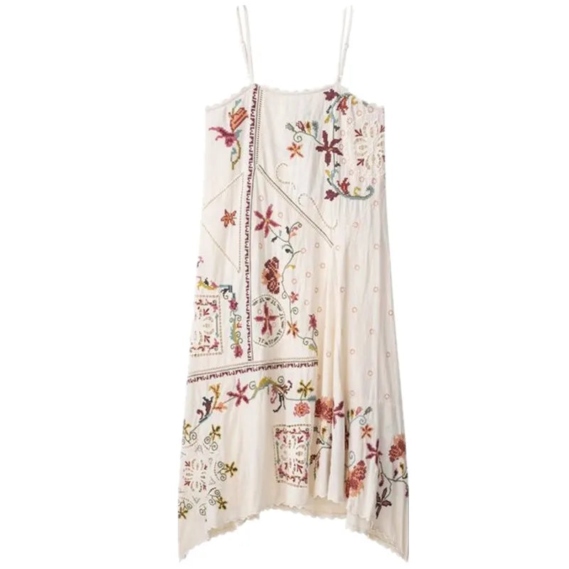 Summer 2025 New Arrival Long Asymmetric Embroidered Strap Dr Women's Faion Loose Waist No Sve Print Design