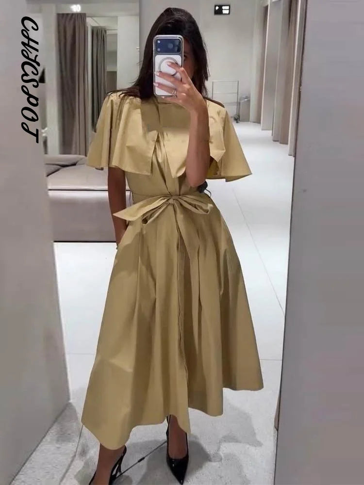 Lapel Cape Sleeve Lace Up Long Sleeve Women Elegant Epaulet Oversized Waist Cinching Pleated Shirt Dresses Chic Ladies Partywear
