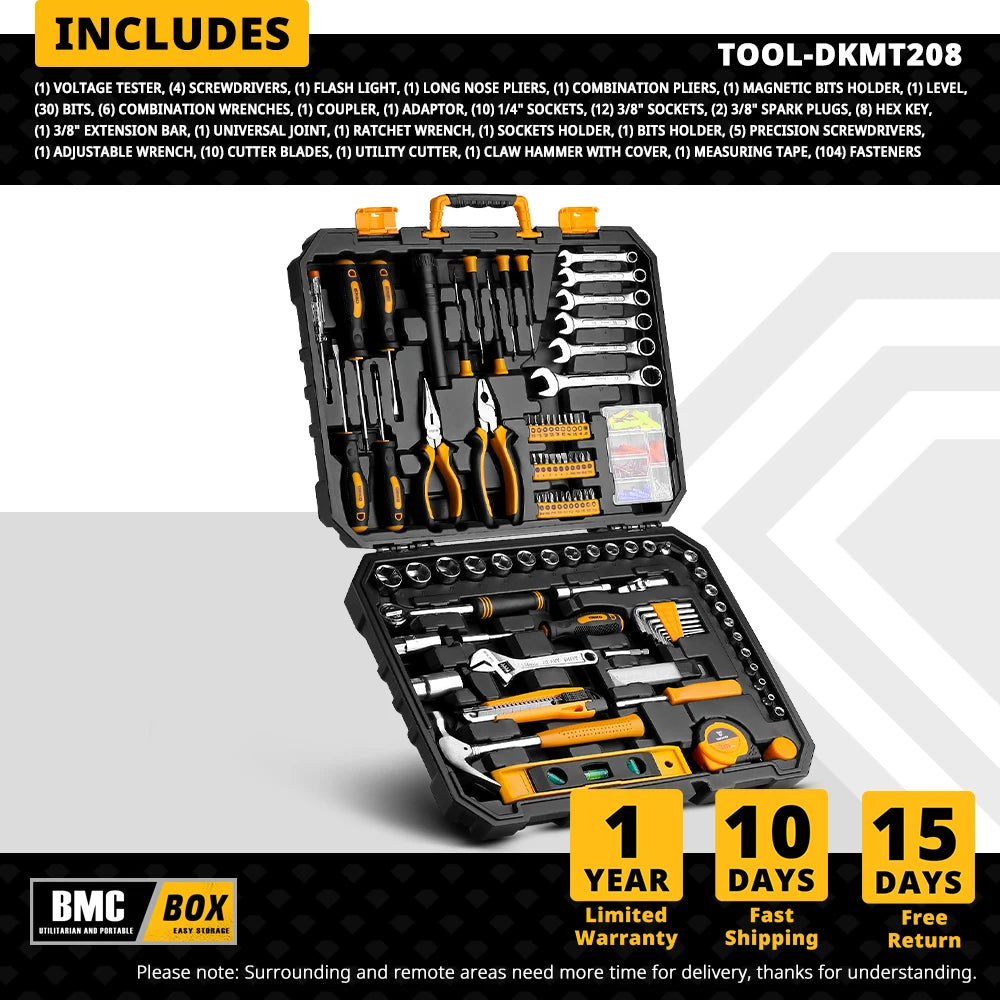 DEKO 208Pcs Hand Tool edc. Woodworking Multi Tools with Tool Box Include Socket Set Torque Wrench Hammer Knife