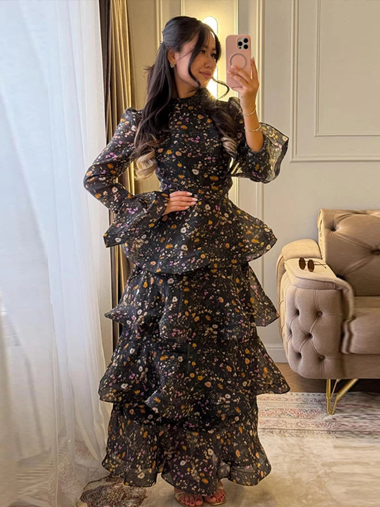 Elegant Floral Women's Cake Dress Bell-Bottomed Sleeve Stand Collar Waist-Closed Lady Dresses 2026 Spring Summer Female Robe