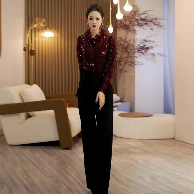 Beaded Half-high Neck Bottoming Shirt with New Velvet Lace Tops on the Autumn and Winter