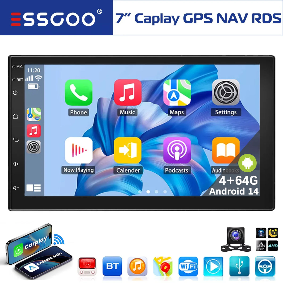 7" Double 2 DIN Android 14 CarPlay Car Stereo Multimedia Video Player GPS Navigation Wifi FM/RDS Bluetooth Multimedia Fit Nissan