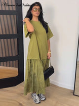 2026 Summer New Loose Patchwork Dresses Women's Pleated Fashion Short Sleeve O-neck Long Robes Female Elegant Casual Dress