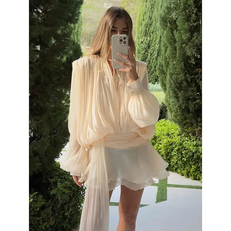 Sexy Trendy Beige Mesh Fold Irregular Dress Women Chic Square Collar Flared Sleeve Pleat Hollow Out Gown Summer Club Party Wear